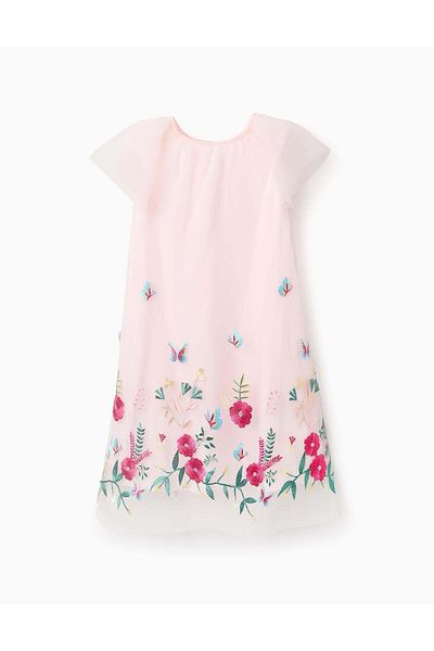 Ziddy Tulle Dress with Colourful Embroidery for Girls, Pink