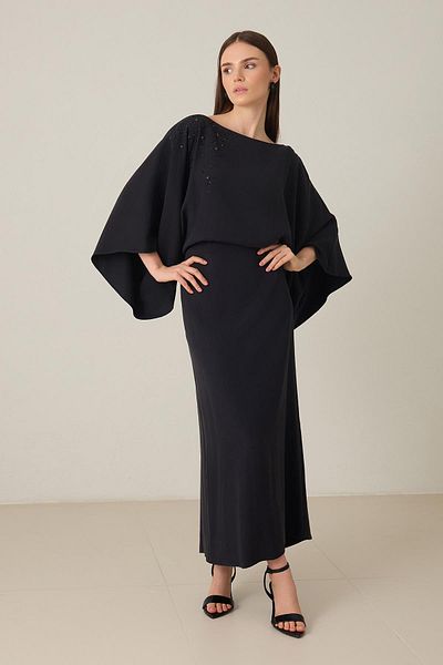 Setre Black Off the Shoulder Stone Detail Waistband Midi Length Long Sleeve Dress