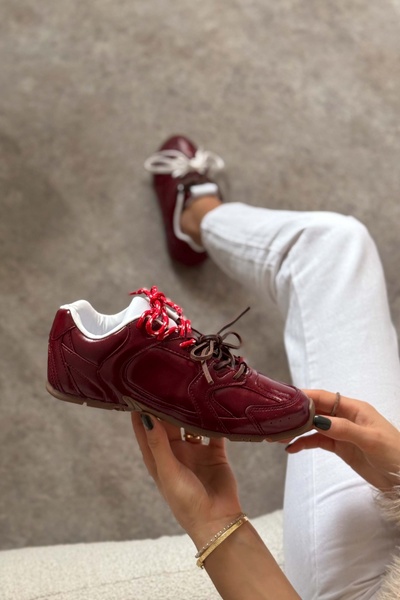 NİŞANTAŞI SHOES Dámská šněrovací sportovní obuv Fabian Burgundy Matte Flat Sole