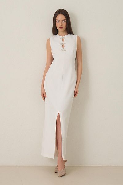 Setre Ecru Full Fit Non-Stretch Fabric Low-Cut Bow Detail Front Slit Sleeveless Midi Length Dress