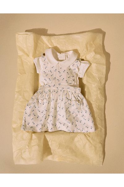Ziddy Floral Pinafore Dress with Wavy Details for Newborn Girls, White