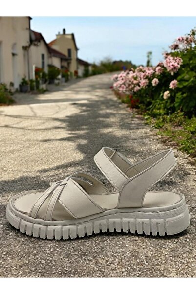 Mammamia D25Ys-2555 Cream Genuine Leather Full Orthopedic Women's Daily Sandals