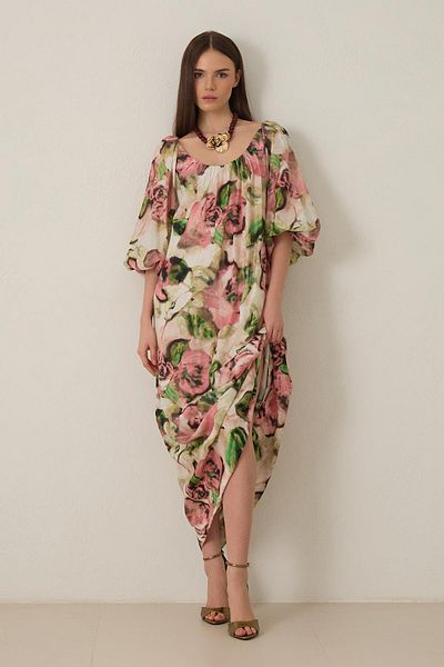 Setre Pink Boat Neck Sleeves and Pattern Detailed Comfortable Cut Dress