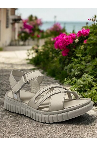 Mammamia D25Ys-2555 Cream Genuine Leather Full Orthopedic Women's Daily Sandals