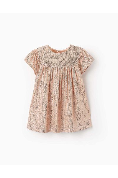 Ziddy Sequinned Dress for Baby Girls, Beige/Pink Gold