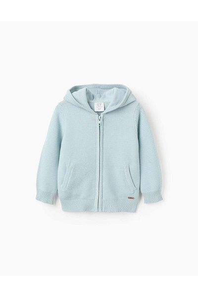 Ziddy Knitted Cardigan with Texture and Hood for Baby Boys, Light Blue