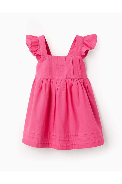 Ziddy Cotton and Linen Dress with Ruffles for Baby Girls, Pink