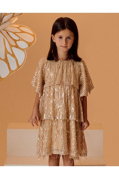 Ziddy Dress with Sequins for Girls, Beige/Gold