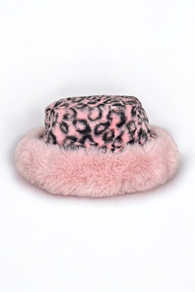 Mevo Kadın Leopar Desenli Pembe Renkli Peluş Bucket Kova Şapka