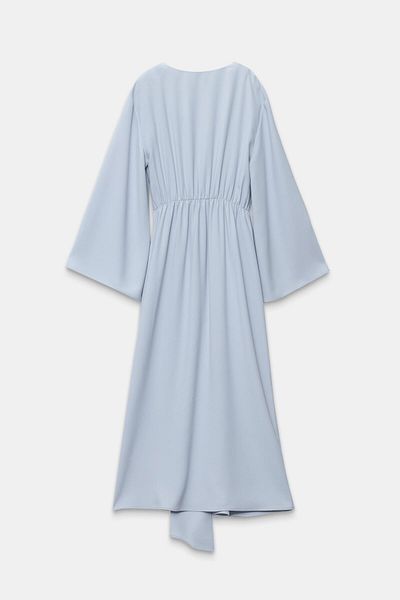 Setre Light Gray V Neck Long Sleeve Waist Detail Midi Length Dress