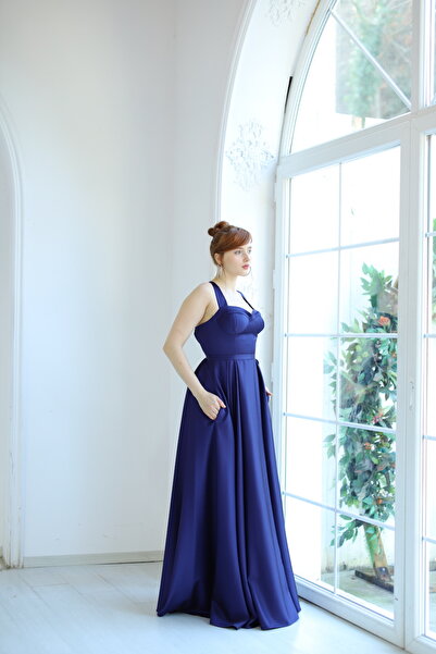 minel aşk Kalp Yaka  Uzun Elbise Lacivert