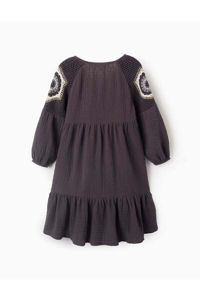 Ziddy Bambula Dress with Crochet for Girls, Grey