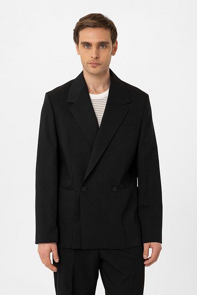 Antioch Black Relax Fit Double Breasted Closure Men's Tech Blazer Jacket