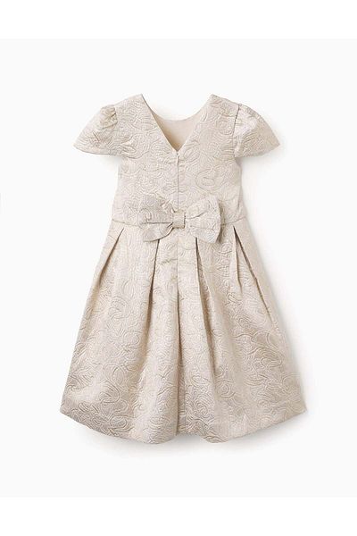 Ziddy Textured Dress for Girls, White/Gold