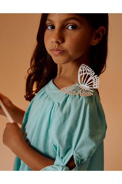 Ziddy Cotton and Linen Dress for Girls, Light Blue