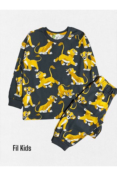 Fil Kids Boy's 100% Cotton Anthracite Color Lion Print Long Sleeve Winter Pajamas Set