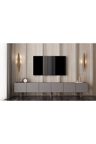 enwood CAPELLA Mdf 6 Kapaklı Ahşap Ayaklı GRİ (120 CM X 2 ADET) 240 Cm Tv Üni...