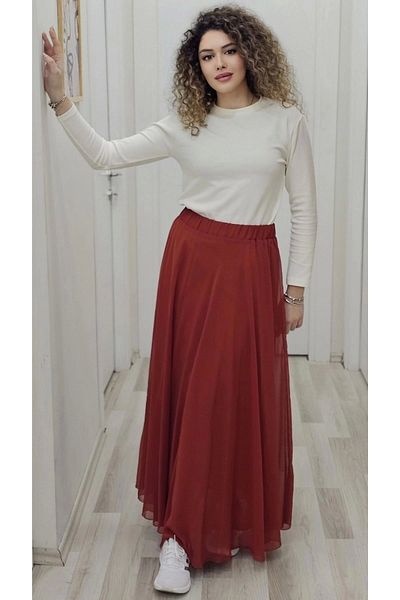 lodmela Brick Colored Elastic Waist Chiffon Skirt - 6003