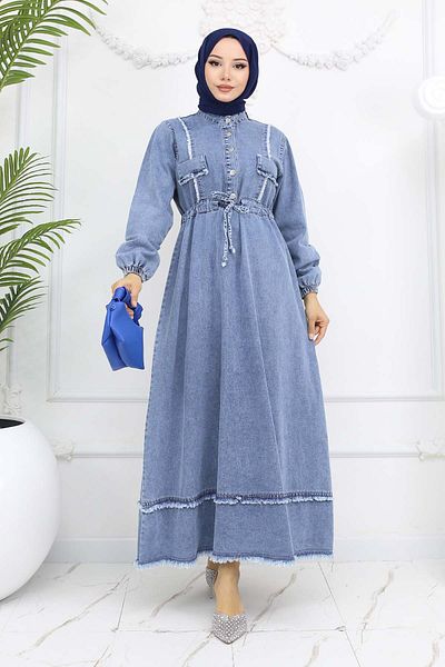 benguen Rochie albastra din denim cu talie adunata model 6824