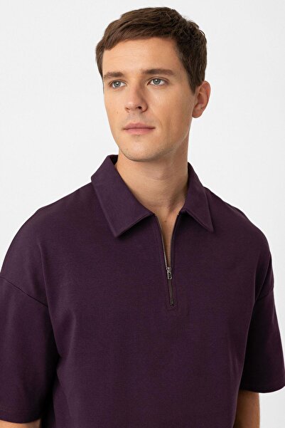 Antioch Claret Red Oversize Polo Neck Zippered Men's T-Shirt
