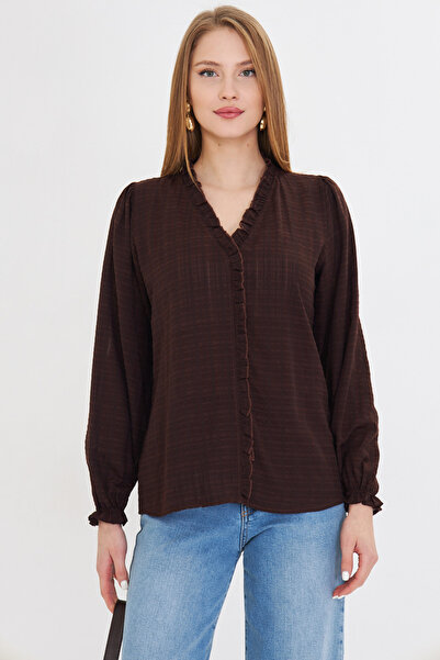 armonika Γυναικείο σκούρο καφέ γιακά και βολάν μπροστά με λεπτομέρειες με ελαστικά μανίκια μακρυμάνικη μπλούζα ARM-25K 001030