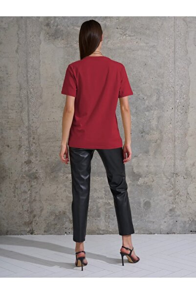 COMBİNE MİCHAİL Γυναικείο μπλουζάκι μπορντό 100% βαμβακερό με λαιμόκοψη Basic