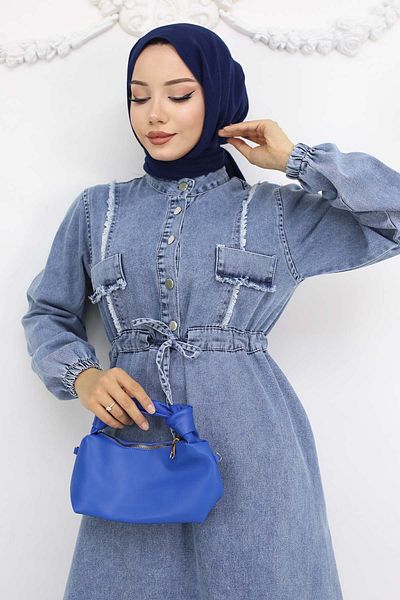 benguen Rochie albastra din denim cu talie adunata model 6824