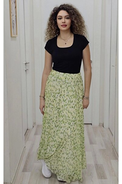 lodmela Спідниця з еластичним поясом і воланами з шифону 6003-Біла/Зелена