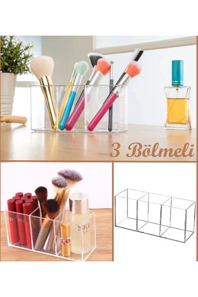 Dükkanönü Crystal 3 Compartment Organizer Set Makeup Brush Lipstick Organizer Square Organizer