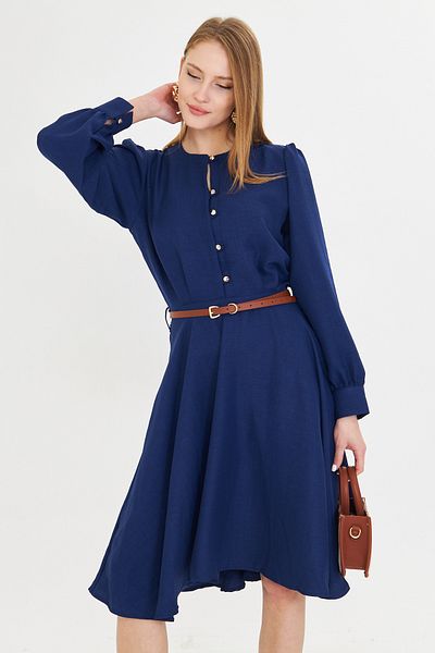 armonika Γυναικείο φόρεμα Navy Blue Crew με κουμπιά μπροστά με μανσέτες με ζώνη ARM-25Y001006