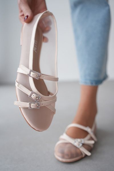 selinshoes Balerini de damă Lilsa cu vârf oval transparent, cu accesoriu pentru centură dublă, cu o singură curea - ECRU