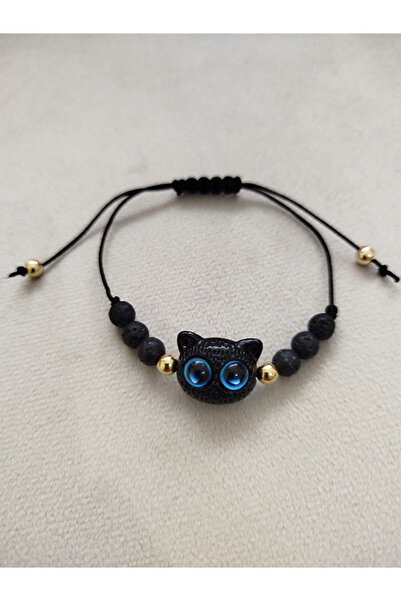 Home Kedi Charm Figürlü Doğal Lav Taşlı Asansörlü Bileklik