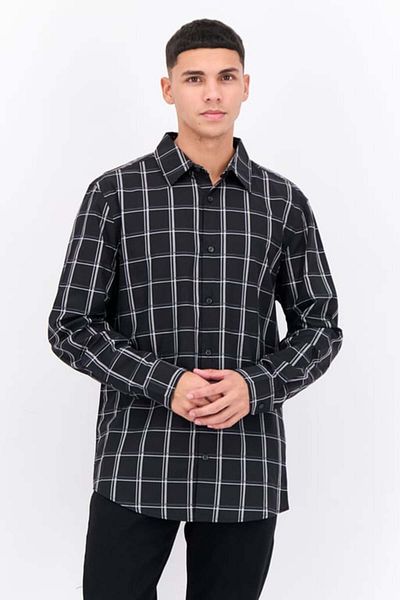 Perry Ellis قميص رجالي كاجوال منقوش بأكمام طويلة وقصّة عادية، مزيج من اللون الأسود المعدني
