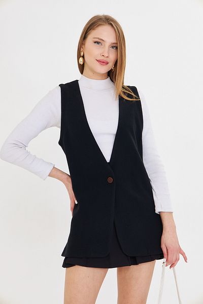 armonika Women's Black V-Neck Single Button Oversize Patterned Vest Arm-25K 001110