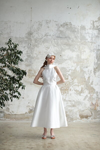 minel aşk Halter Yaka Çıkarılabilir Şal Detaylı Elbise Ekru