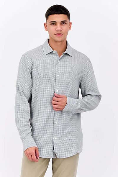 Perry Ellis Men Stretch Fit Micro Check Long Sleeves Casual Shirt, White