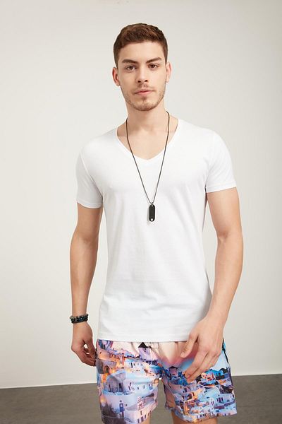 TENA MODA Men's White V-Neck Basic T-Shirt