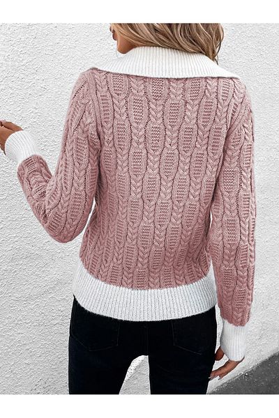 TRQOM Women's V-Neck Running Pattern Hair Knit Powder Knitwear Sweater
