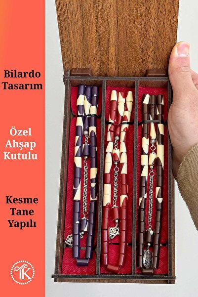 TESBİHKENTİ 3'lü Ahşap Kutusunda Kesme Bilardo Toz Kehribar Tesbih