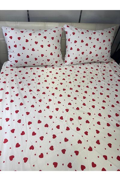 ŞENER HOME Heart Patterned Double Fitted (Elastic) Bed Sheet 2 Pillowcases 160X200 24 cm