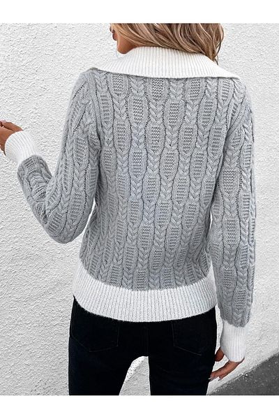 TRQOM Women's V-Neck Run Pattern Hair Knit Gray Knitwear Sweater
