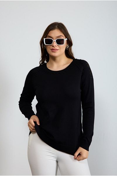 Coşkun GİYİM Bluză pentru femei, cu decolteu, din viscoză, poliester, tricotaje gofrate, NEGRU B7082