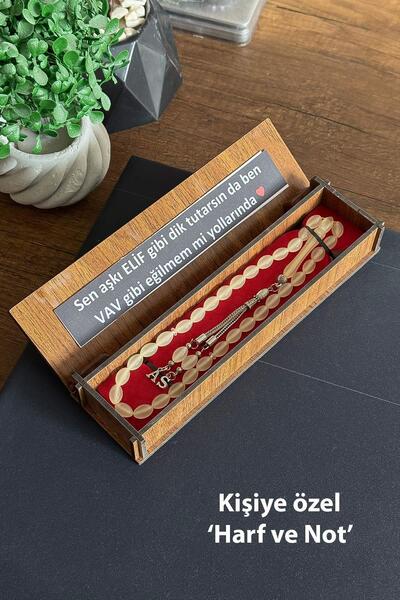 TESBİHKENTİ Kişiye Özel Harf ve Notlu Ahşap Kutuda Kedi Gözü Tesbih