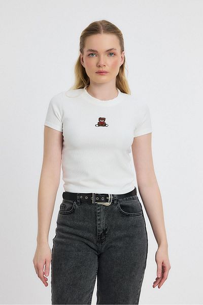 Rays 2199 Embroidered Short Sleeve Blouse in Ecru Color