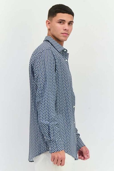Perry Ellis Men Stretch Fit Long Sleeve All Over Print Casual Shirt, Navy
