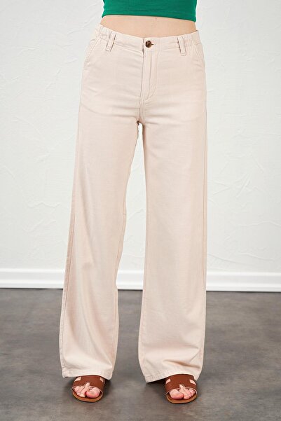 TENA Women's Stone Waist Buttoned Palazzo Linen Trousers