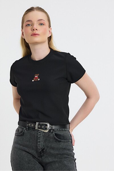 Rays 2199 Bluză cu mânecă scurtă brodata cu ursuleț negru