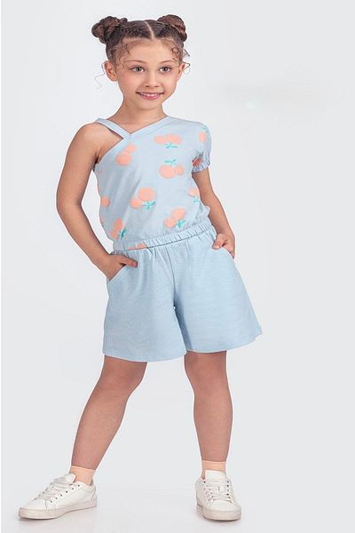 Magu Costum pentru fete din bumbac albastru cu model cireșe