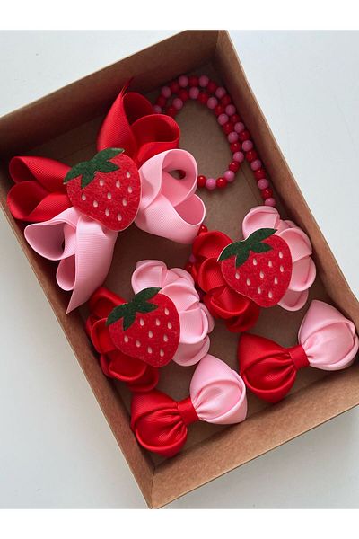 Stil Tasarım Toka Gift Red Pink Strawberry Buckle, Necklace, Bracelet Set