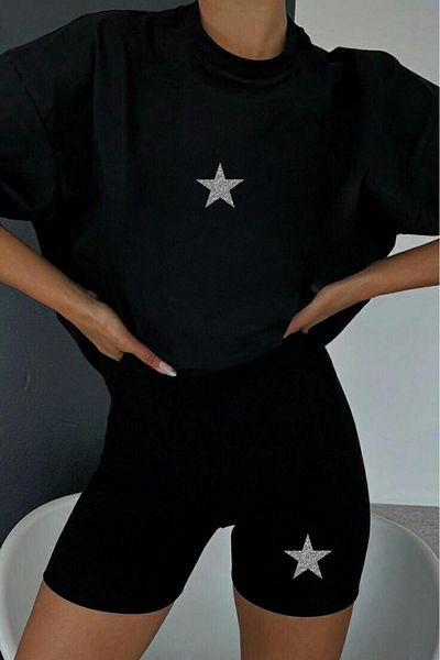 NO 601 Set tricou supradimensionat cu imprimeu cu stele cu sclipici negre și jambiere scurte pentru scafandru
